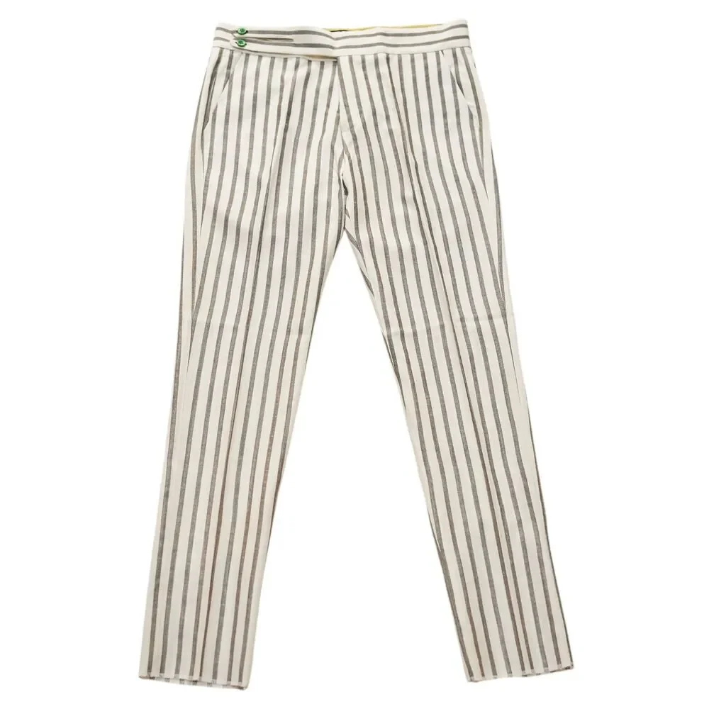 Mens Gurkha Pants 36 Cream Brown Striped Flat Front Slim Fit Cotton Trousers